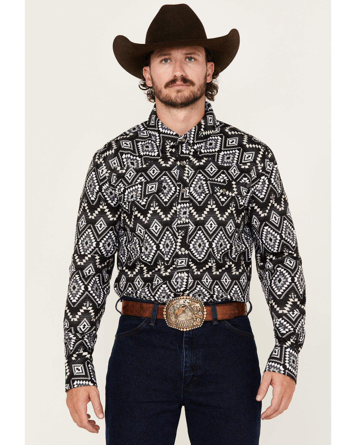 Men's Rock & Roll Denim Tek Southwestern Print Long Sleeve Pearl Snap