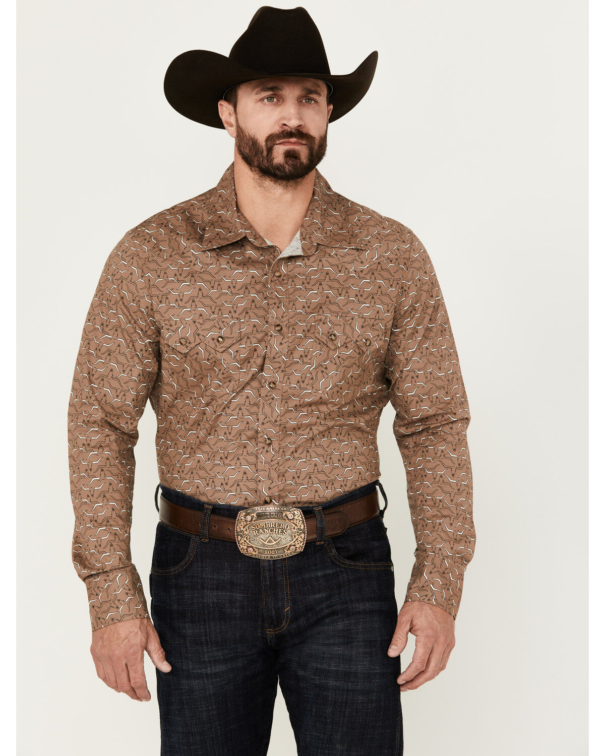 Men's Rock & Roll Denim Longhorn Print Long Sleeve Pearl Snap Stretch