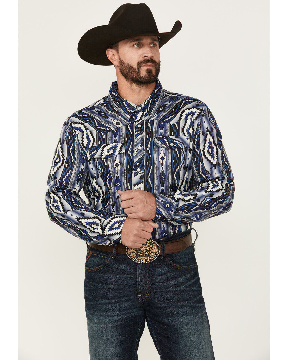 Men's Rock & Roll Denim Tek Southwestern Print Long Sleeve Pearl Snap