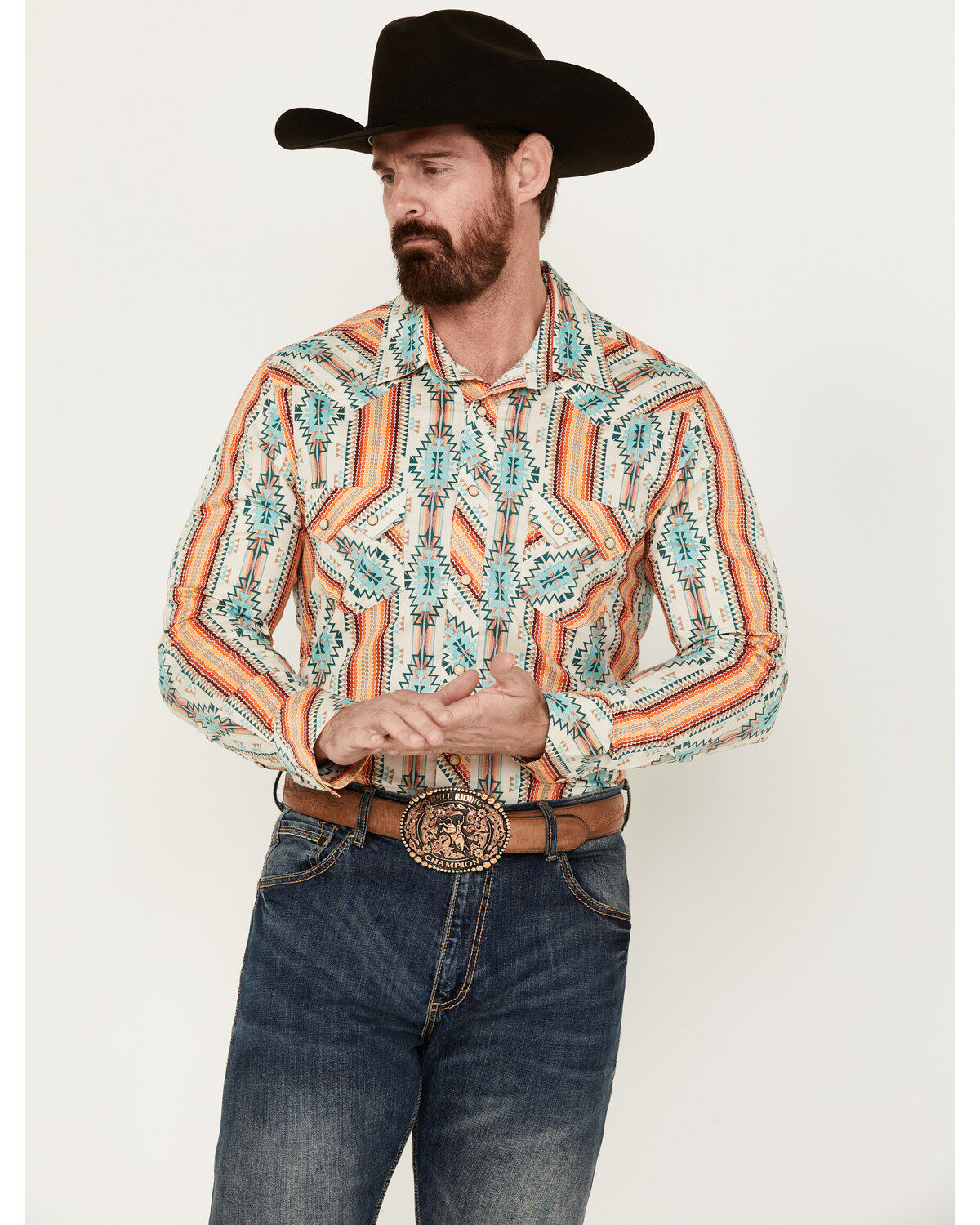 Men's Rock & Roll Denim Southwestern Long Sleeve Pearl Snap Western Sh