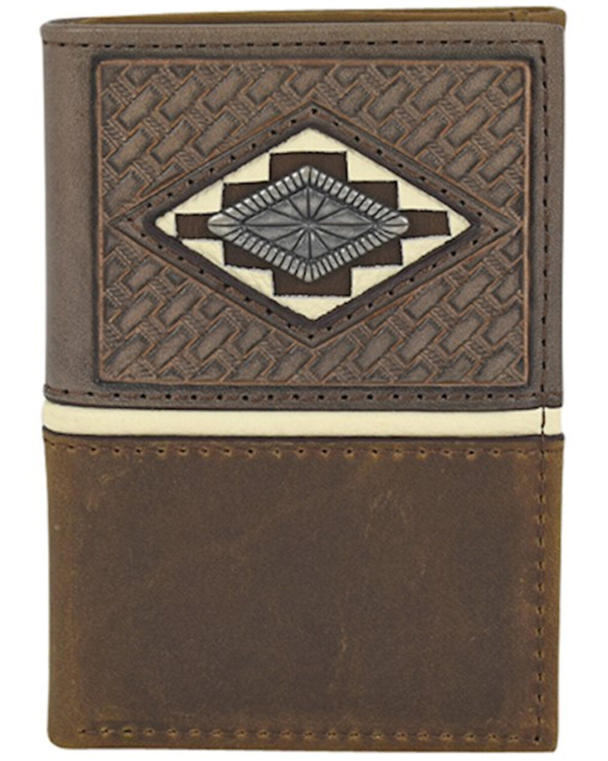 Men's Justin Brown Basket Weave Tooling & Concho Trifold Wallet