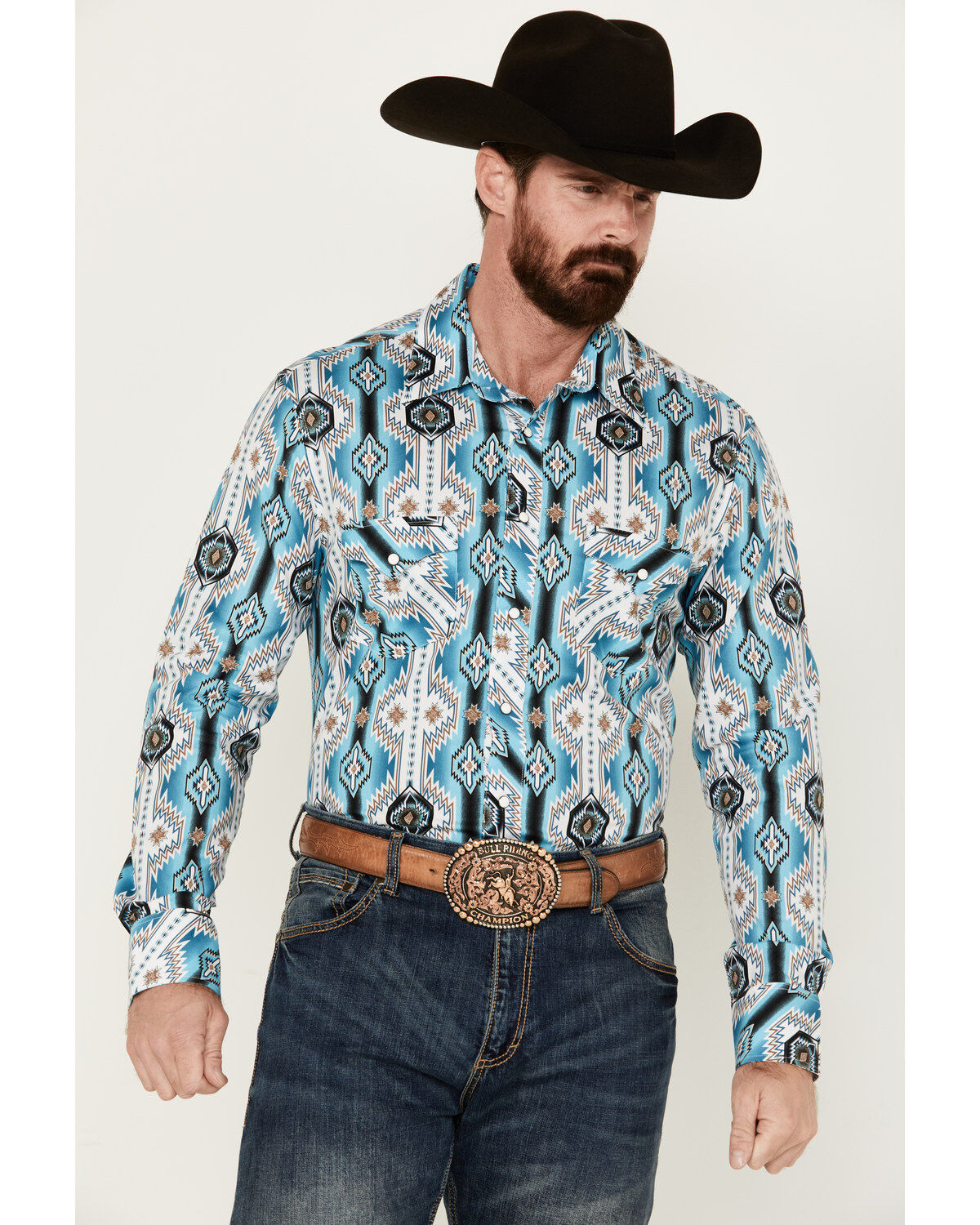 Men's Rock & Roll Denim Southwestern Print Long Sleeve Pearl Snap Stre
