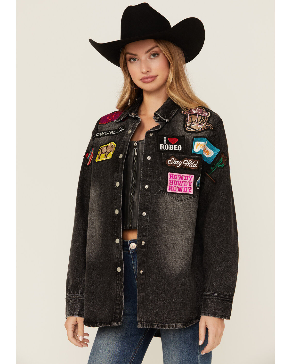 Women's Blue B Dark Wash Western Patchwork Snap Shacket