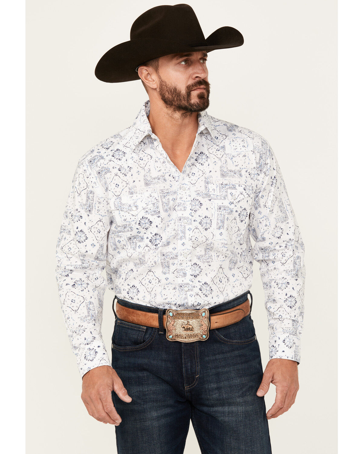 Men's Panhandle Rough Stock by Bandana Print Long Sleeve Pearl Snap We