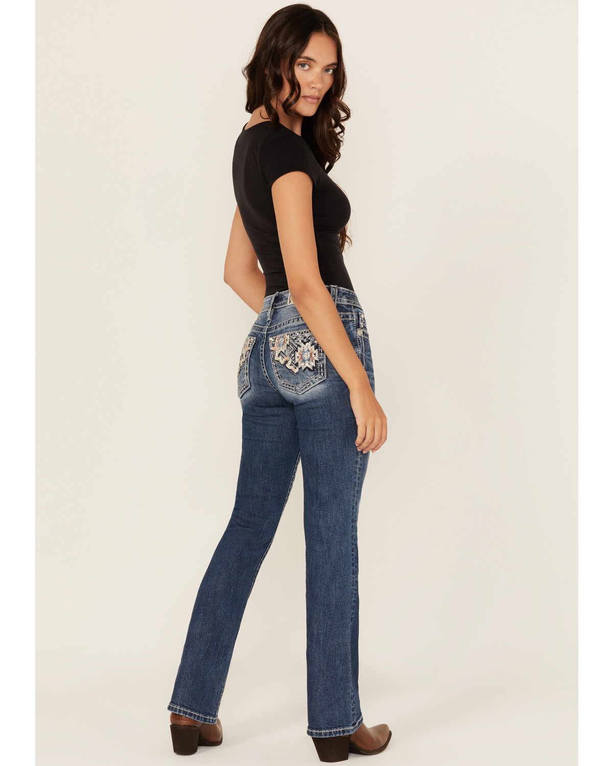 Women's Miss Me Medium Wash Mid Rise Geo Pocket Bootcut Stretch Denim