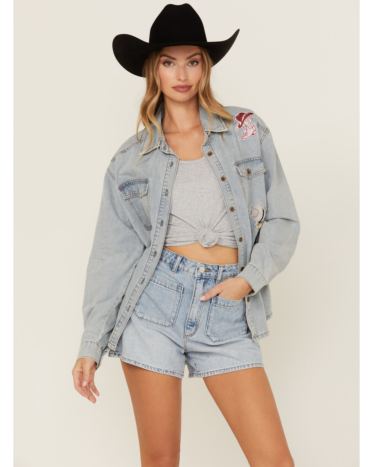 Women's Blue B Light Wash Denim Western Patchwork Long Sleeve Button-D