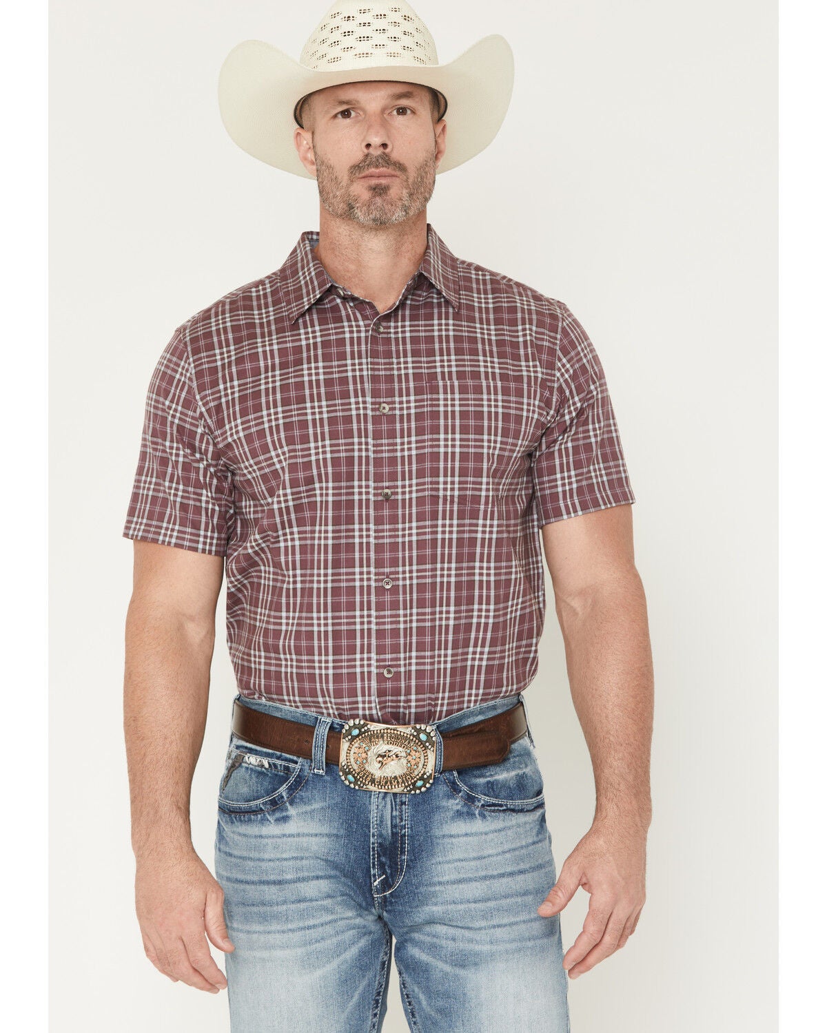 Men's Cody James Cowboy Brew Plaid Print Short Sleeve Button-Down Stre