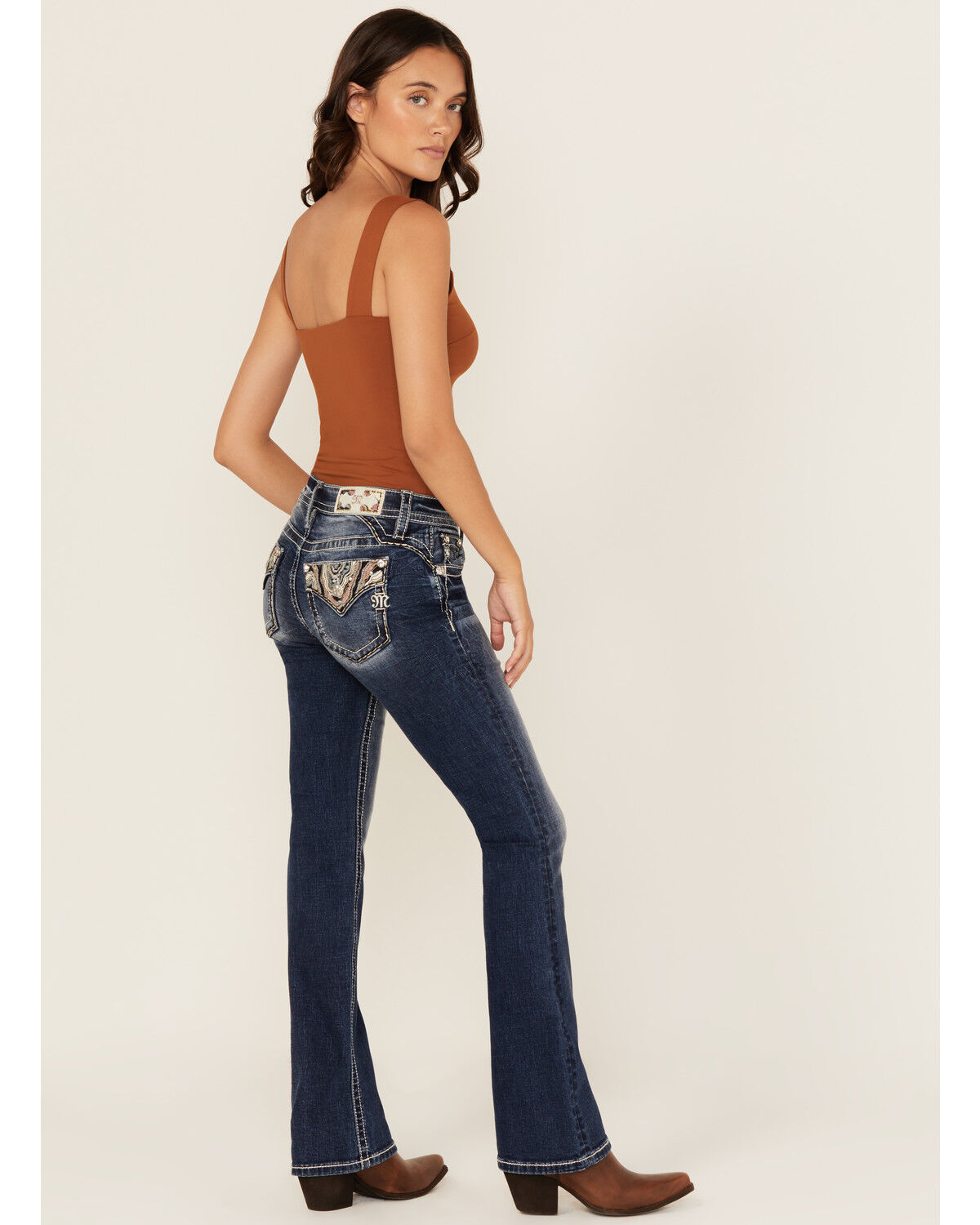 Women's Miss Me Dark Wash Mid Rise Agate Pocket Bootcut Stretch Denim