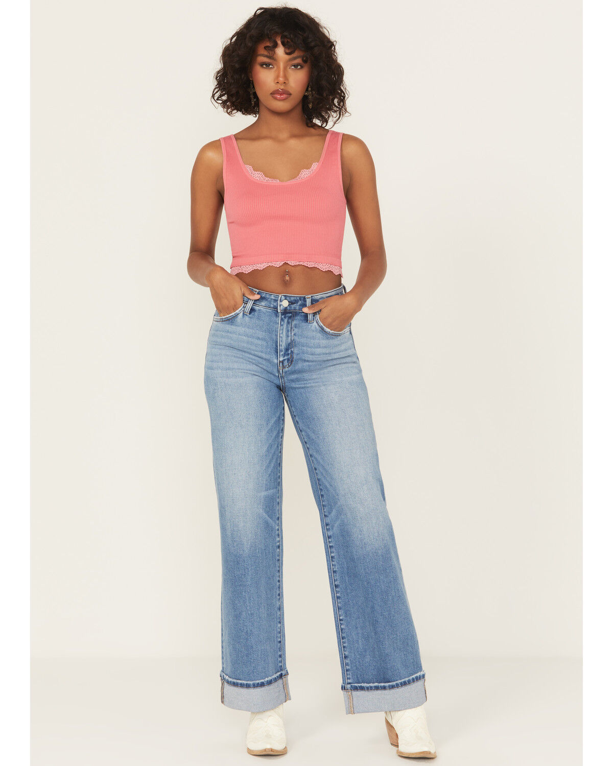 Women's Vervet Medium Wash High Rise Cuffed Wide Leg Denim Jeans