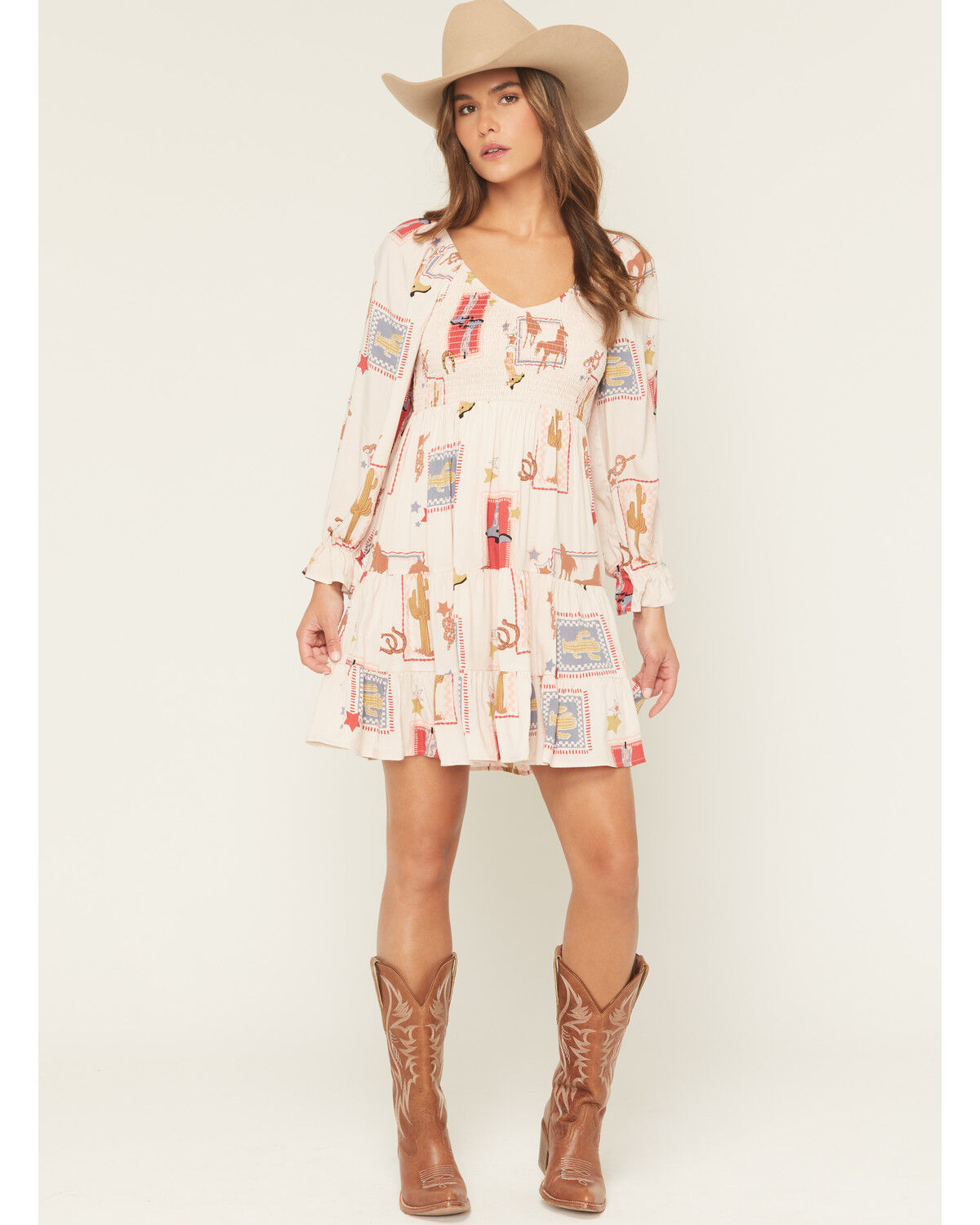 Women's Blue B Western Print Long Sleeve Mini Dress