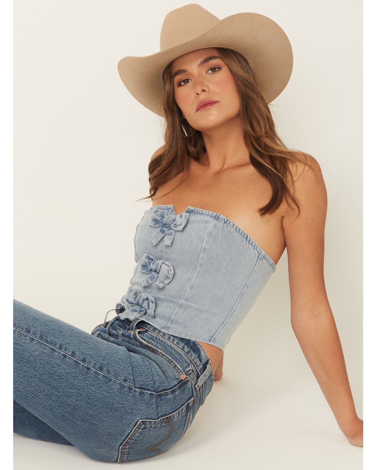 Women's Blue B Bow Tie Denim Bustier