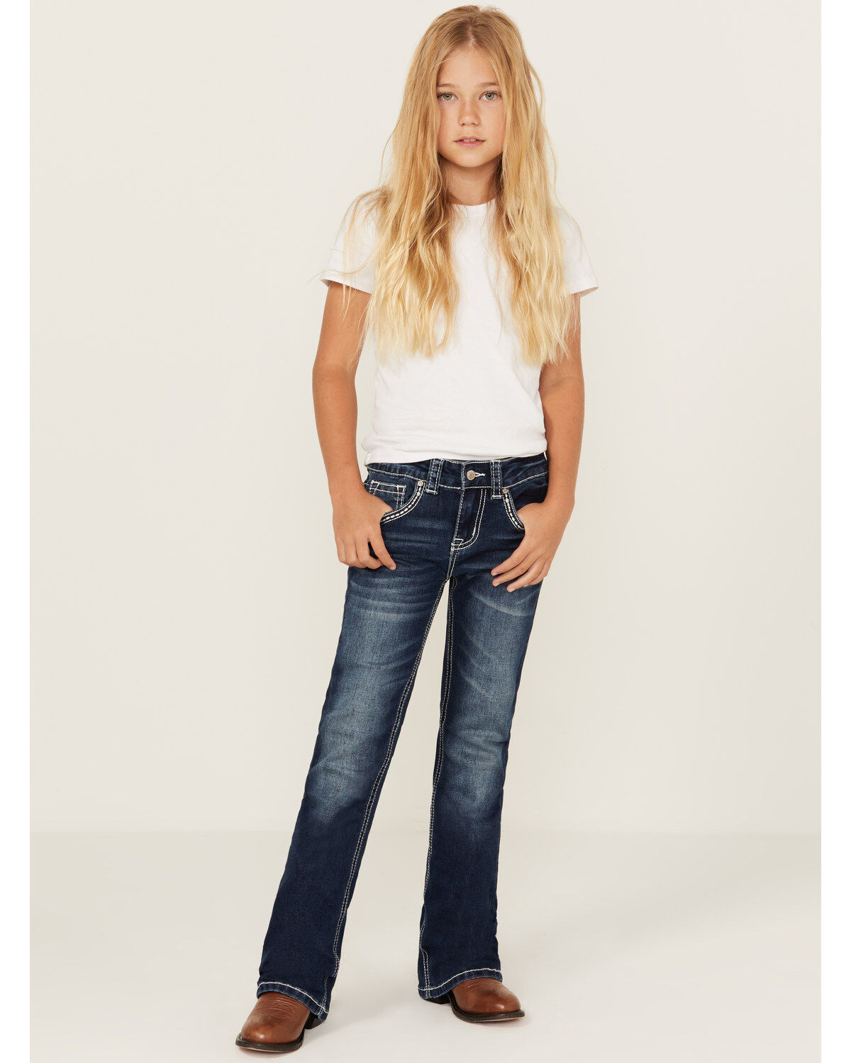 Girls' Shyanne Medium Wash Cowhide Patch Pocket Stretch Bootcut Jeans