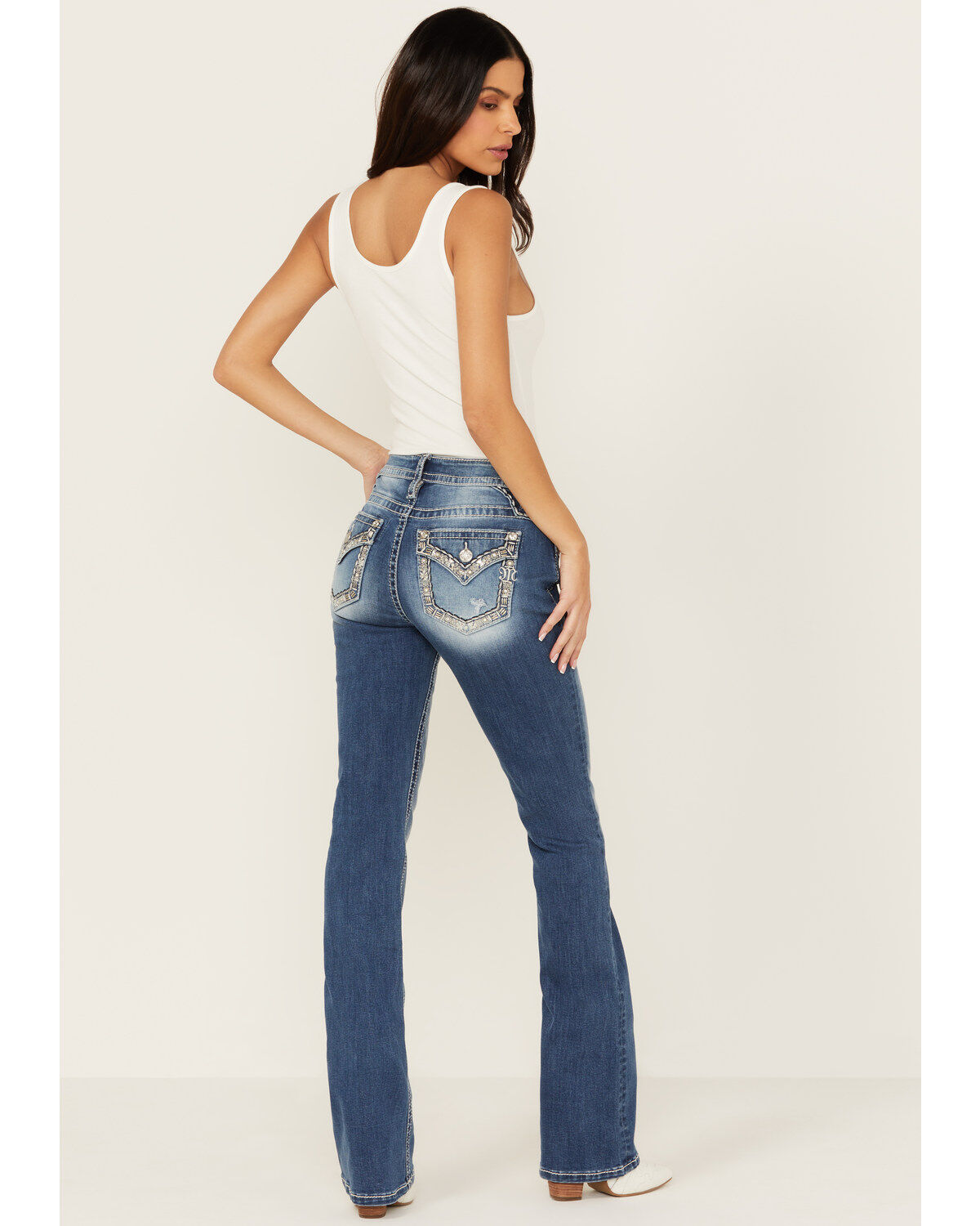 Women's Miss Me Medium Wash Mid Rise Border Flap Bootcut Stretch Denim
