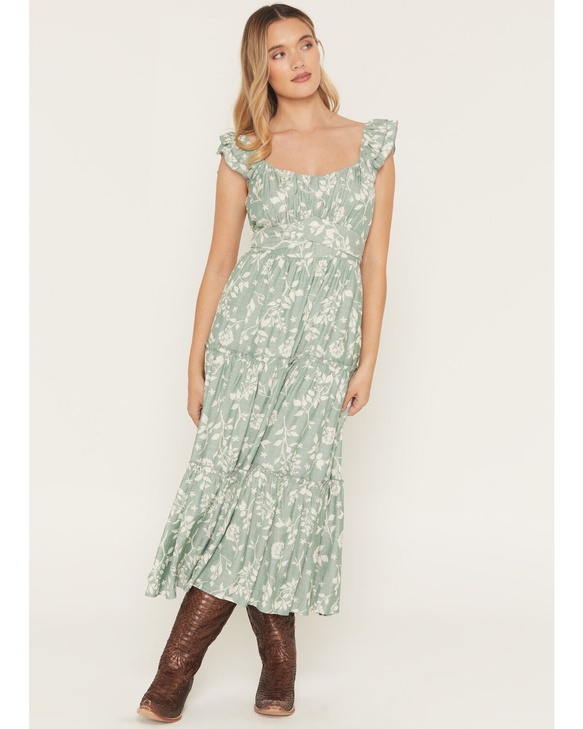 Women's Ash & Violet Floral Print Flutter Sleeve Midi Dress