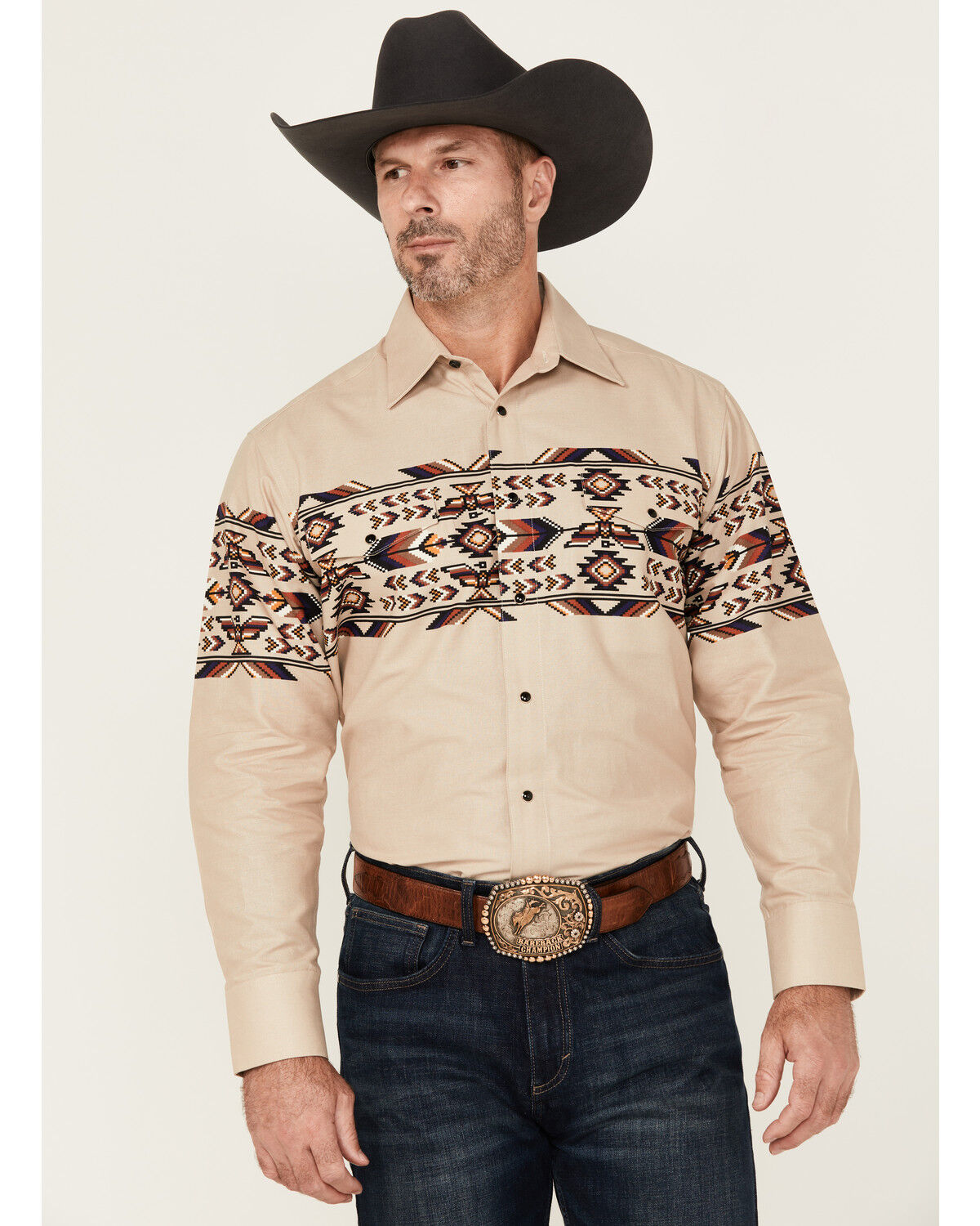 Men's Panhandle Thunderbird Border Print Long Sleeve Snap Western Shir