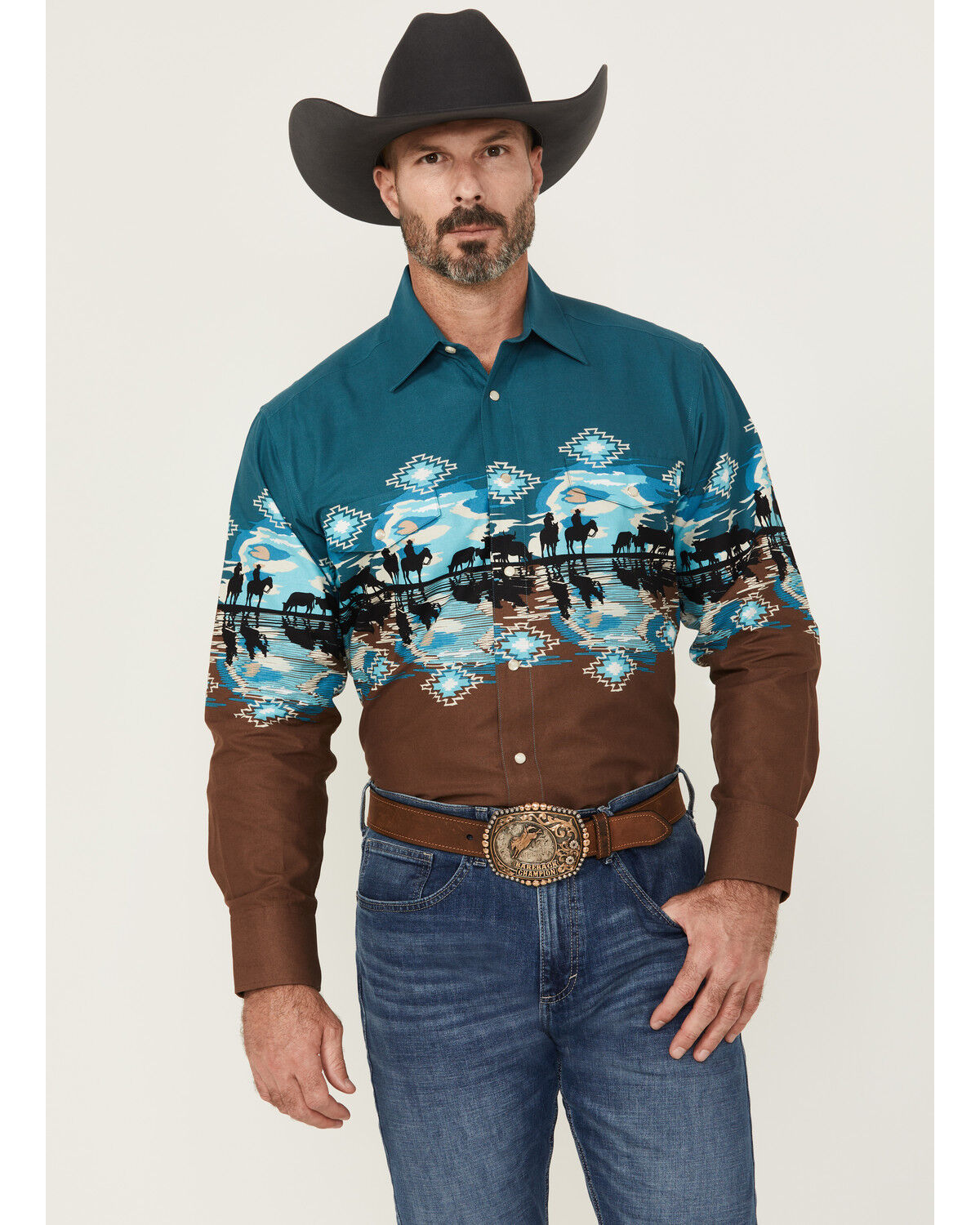 Men's Panhandle Cowboys Southwestern Print Border Long Sleeve Snap Wes