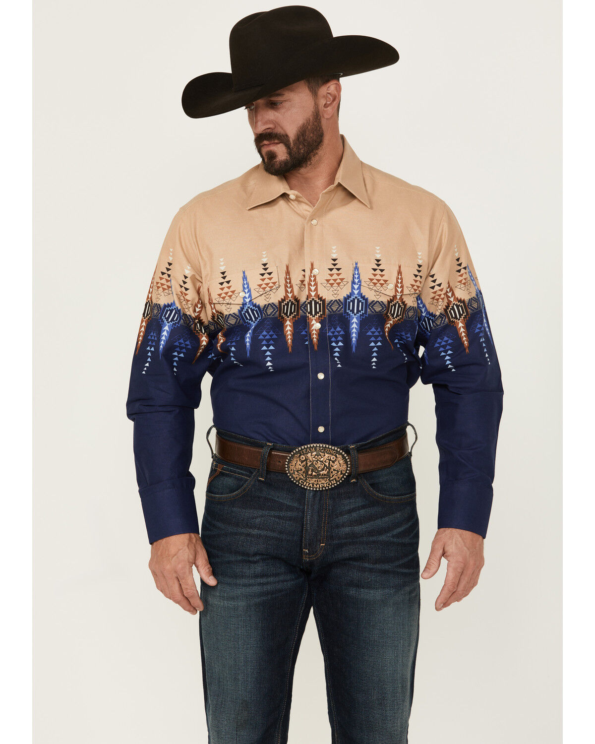 Men's Panhandle Southwestern Print Border Long Sleeve Snap Western Shi