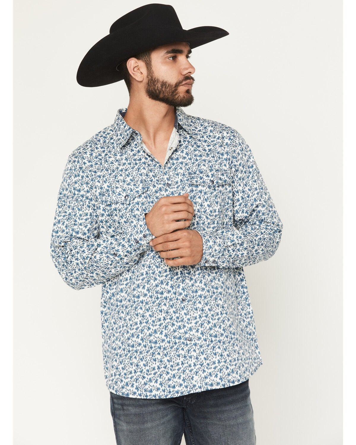 Men's Moonshine Spirit Falling Leaf Floral Print Long Sleeve Snap Wes