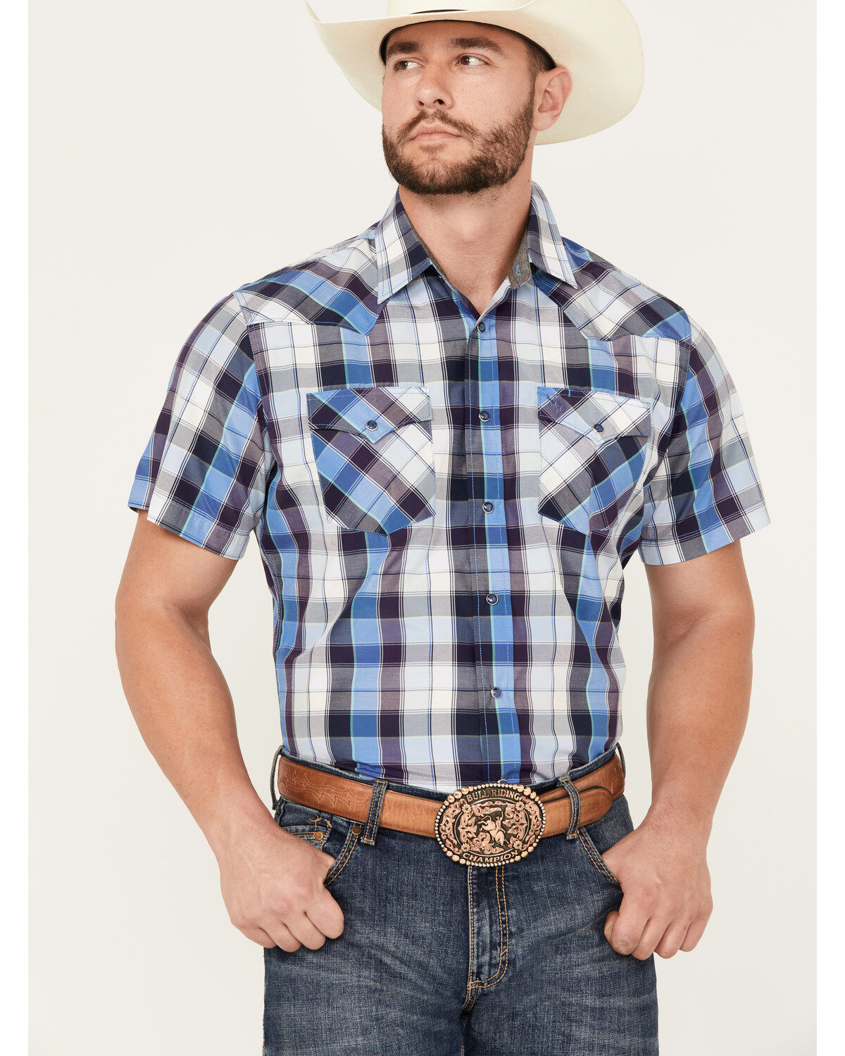 Men's Rodeo Clothing Plaid Print Short Sleeve Snap Western Shirt