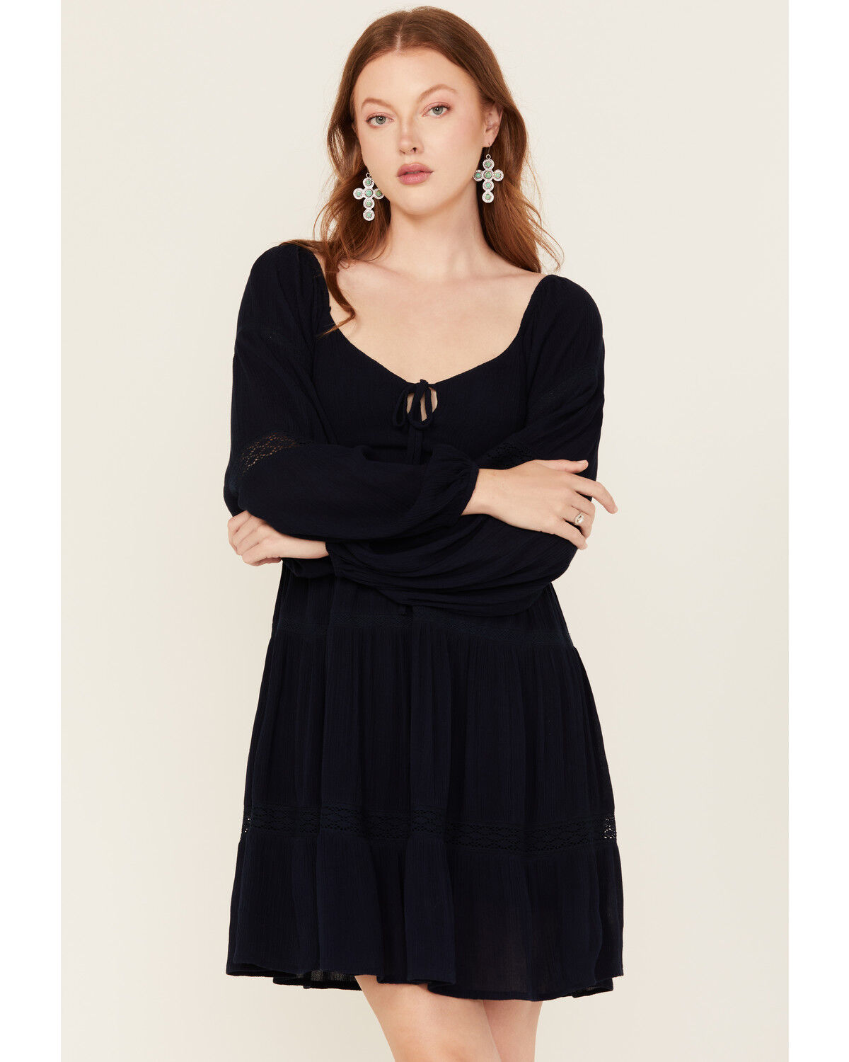 Women's Jolt Lace Trim Long Sleeve Tiered Mini Dress