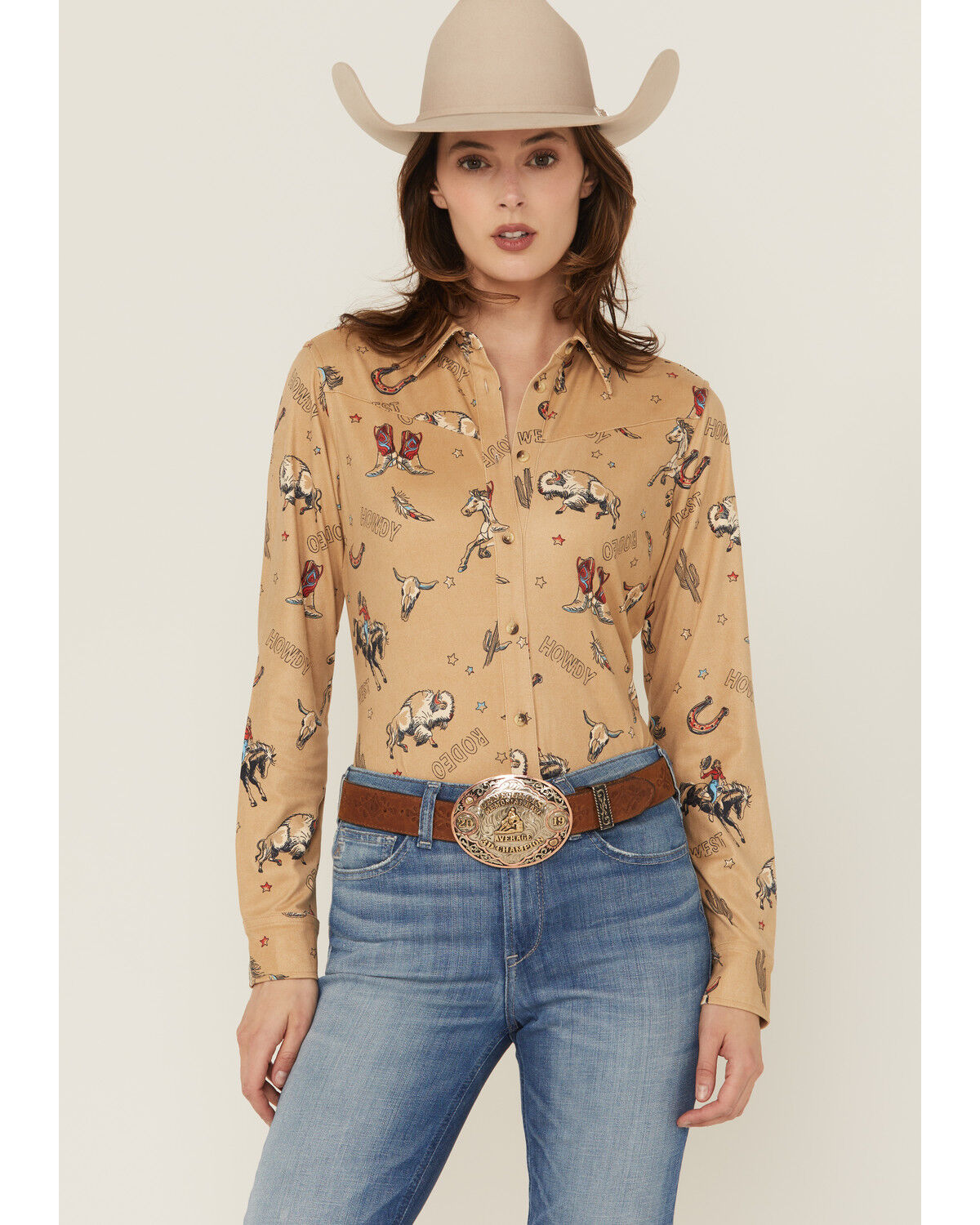 Women's Shyanne Conversational Western Print Faux Suede Long Sleeve Bu