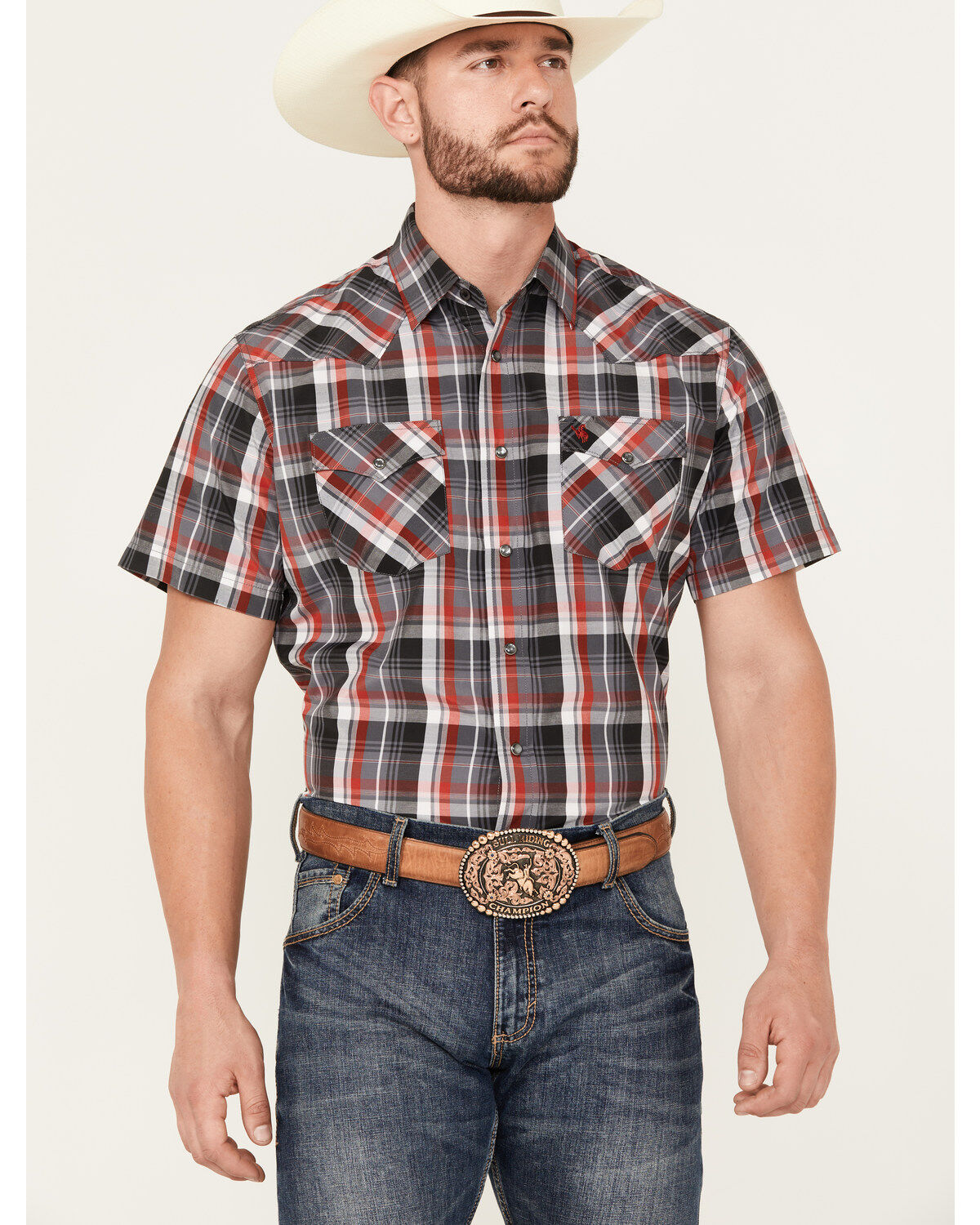 Men's Rodeo Clothing Plaid Print Short Sleeve Snap Western Shirt