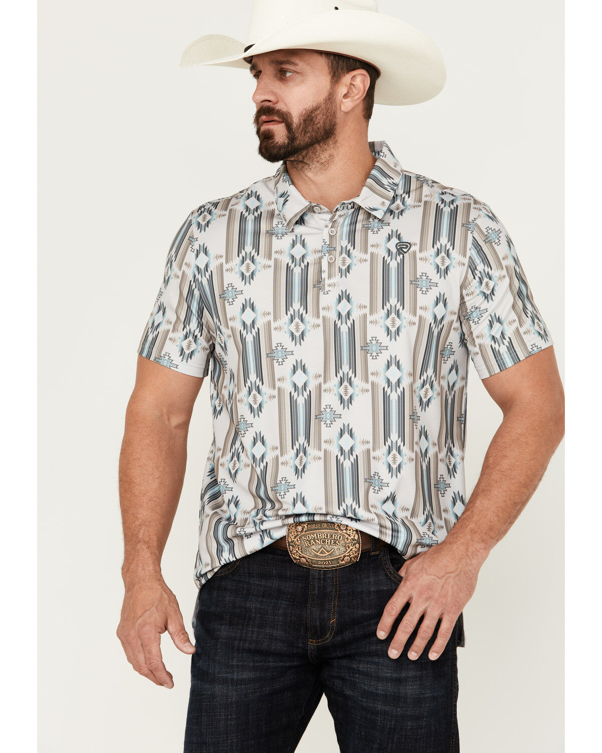 Men's Rock & Roll Denim Southwestern Print Short Sleeve Polo Shirt