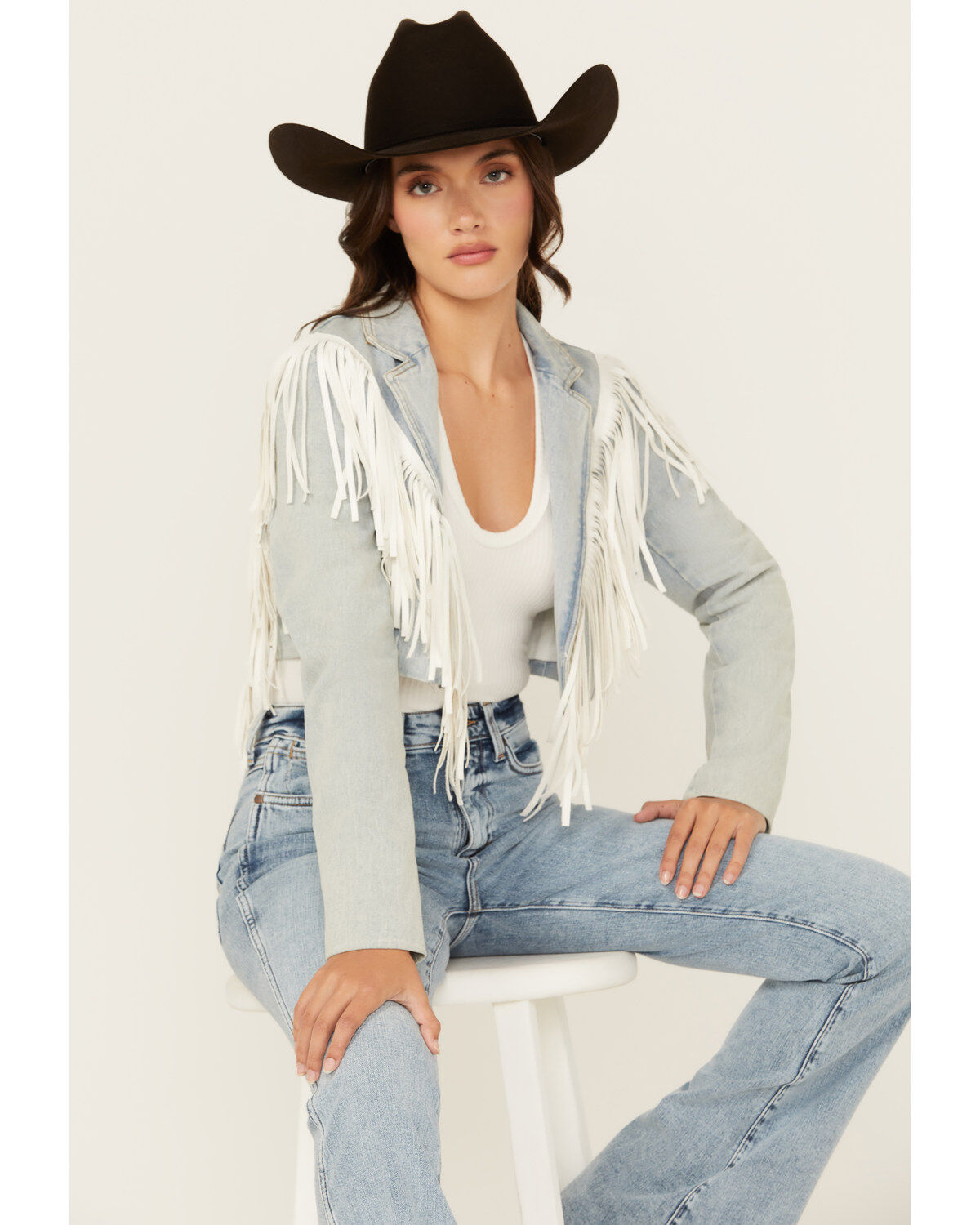 Women's Azalea Wang Halina Fringe Light Wash Cropped Denim Jacket