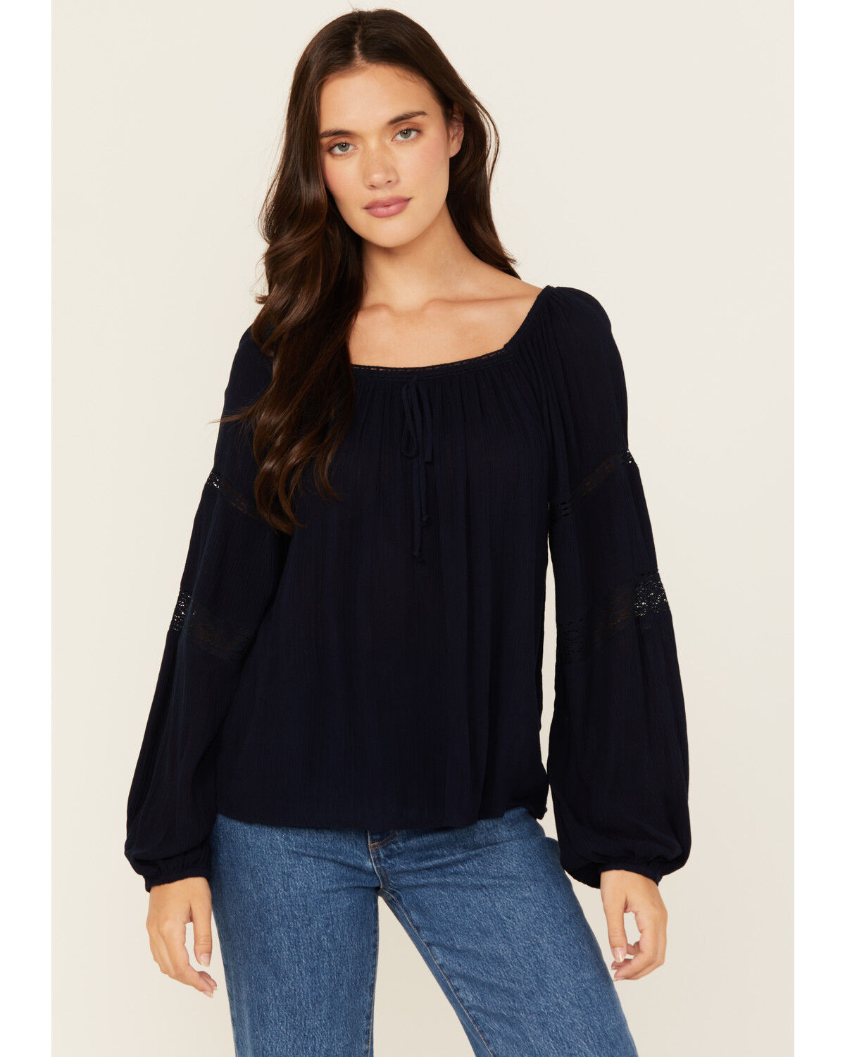 Women's Jolt Lace Trim Long Sleeve Peasant Top