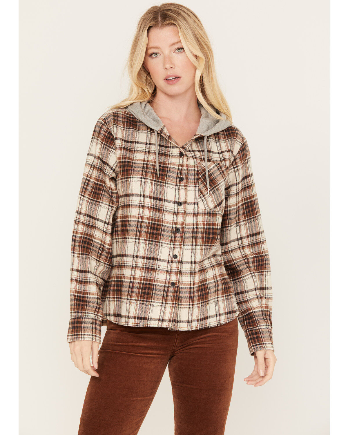 Women's Cleo + Wolf Tau Plaid Print Hooded Flannel Long Sleeve Shirt