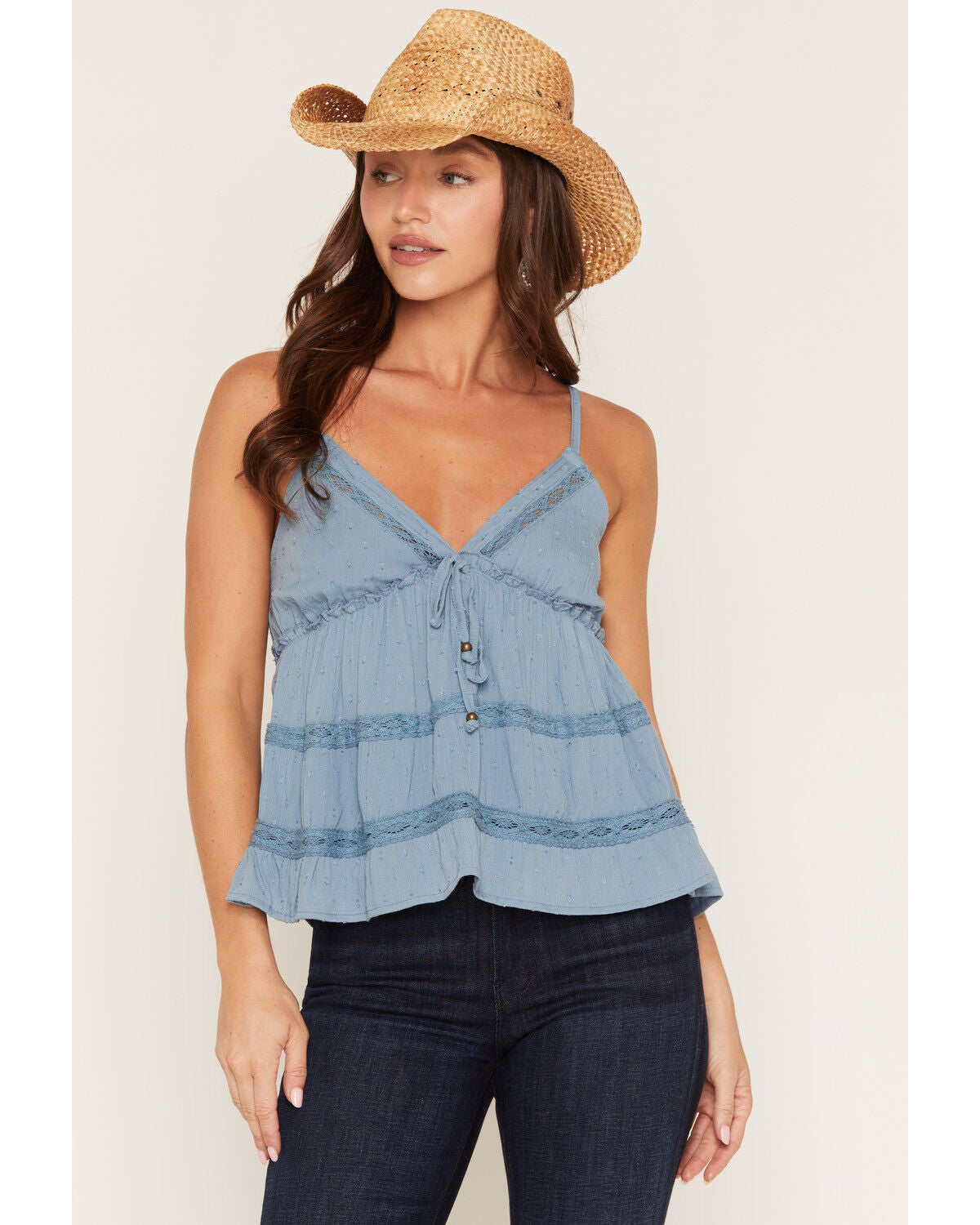 Women's Angie Swiss Dot Sleeveless Lace Trim Tiered Cami