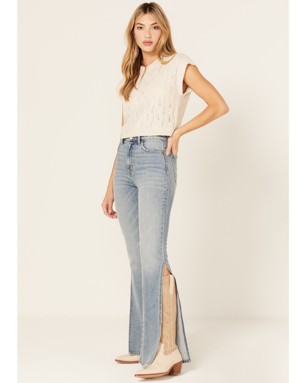 Women's Cello Light Wash High Rise Split Flare Jeans