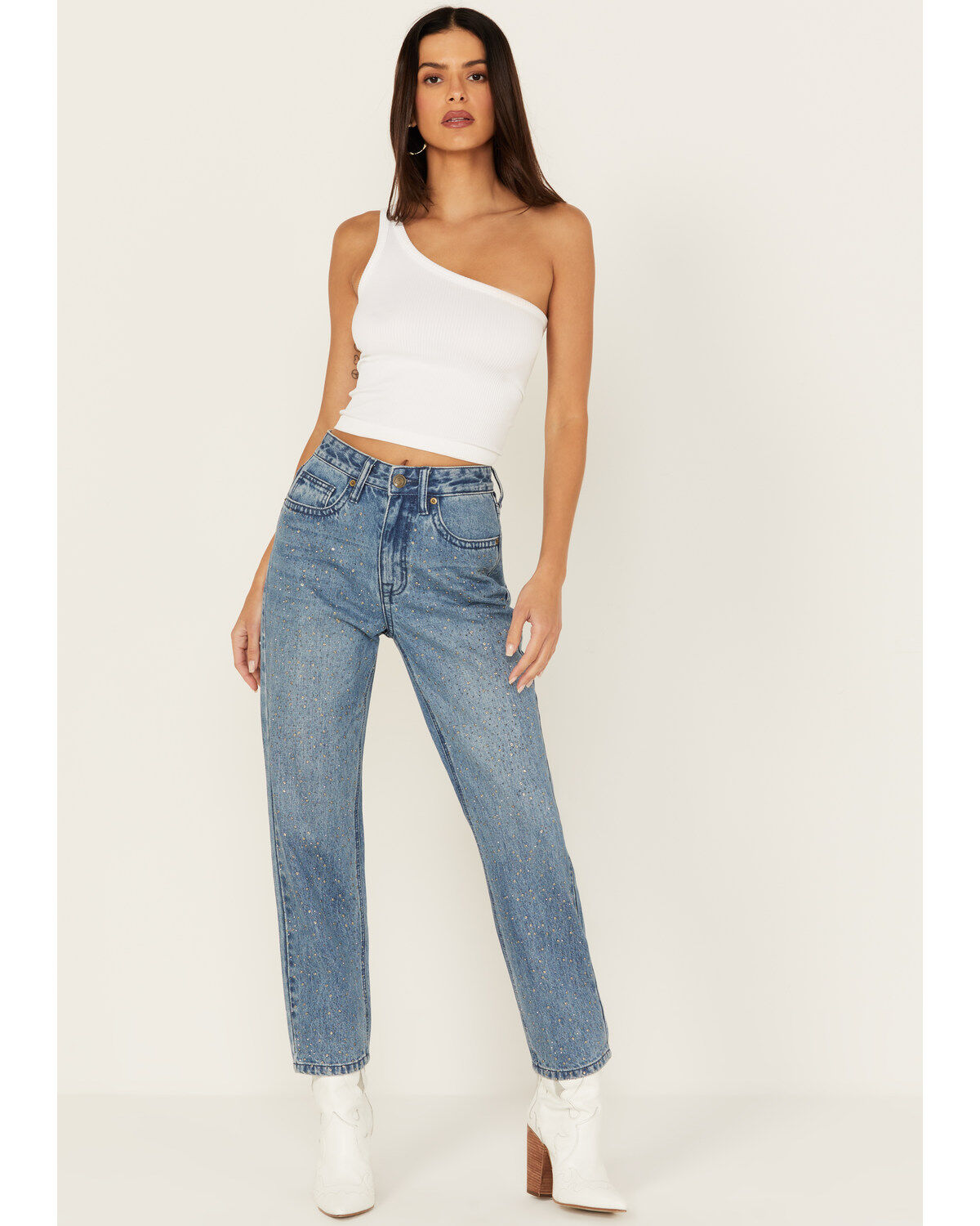 Women's Rock & Roll Denim Medium Wash High Rise Rhinestone Cropped Str
