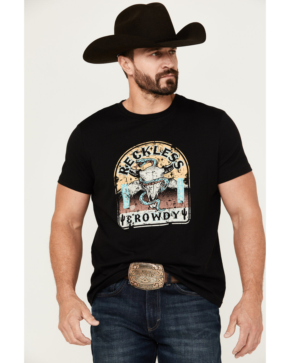 Men's Rock & Roll Denim Reckless And Rowdy Short Sleeve Graphic T-Shir