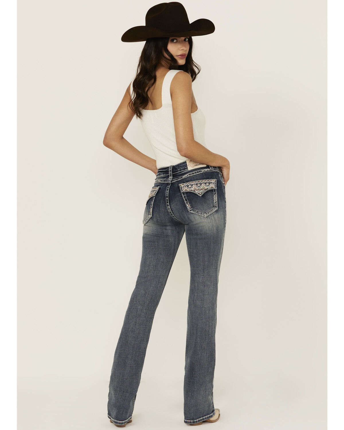 Women's Grace in LA Medium Wash Mid Rise Geo Pocket Bootcut Stretch De