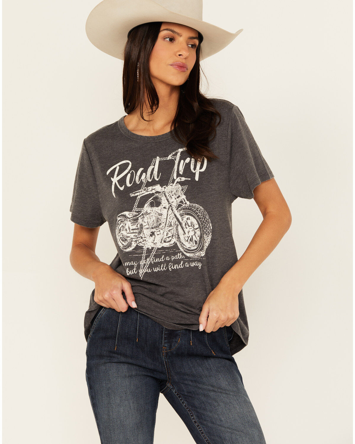 Women's Blended Road Trip Rhinestone Bolt Short Sleeve Graphic Tee