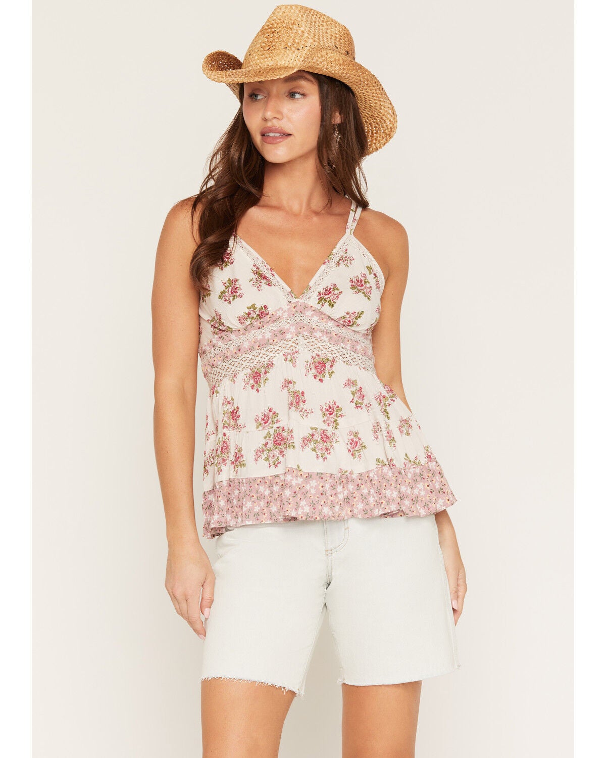 Women's Angie Floral Print Lace Trim Tank Top