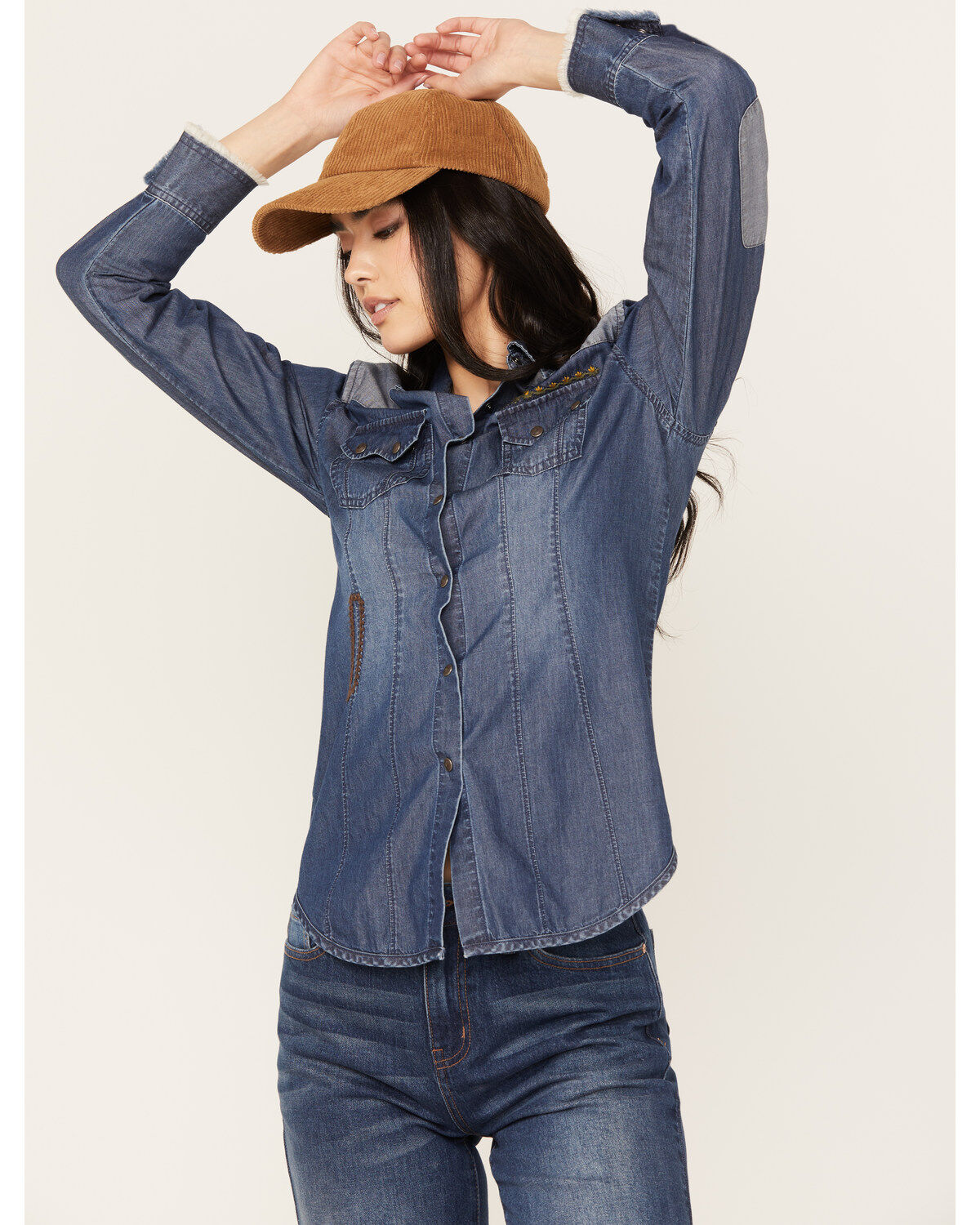 Women's Cleo + Wolf Blocked Embroidered Long Sleeve Denim Shirt