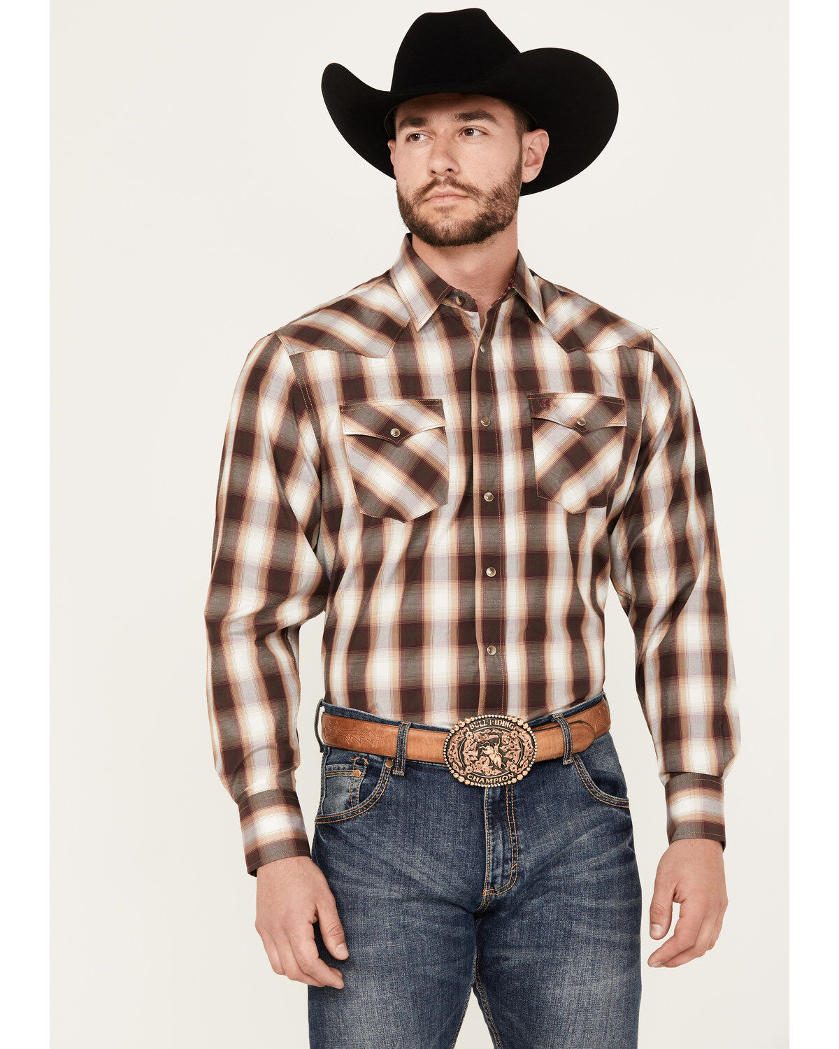 Men's Rodeo Clothing Plaid Print Long Sleeve Snap Western Shirt