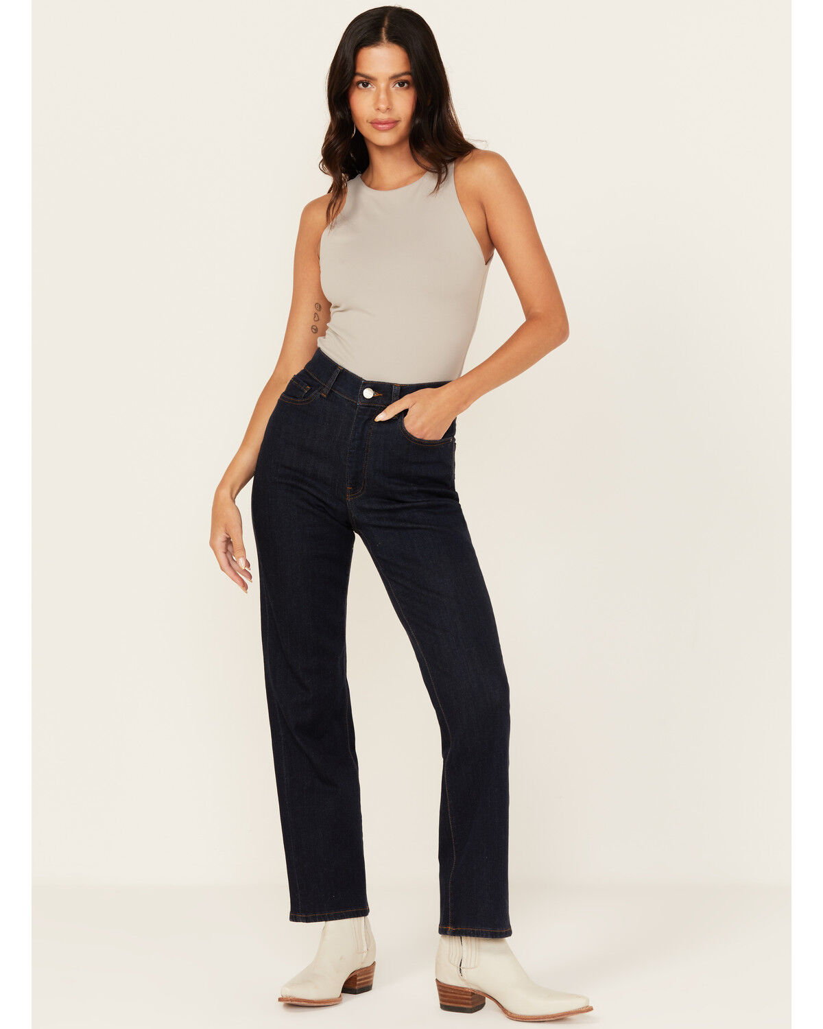 Women's Warp + Weft Jet Set Dark Wash High Rise Straight Stretch Denim
