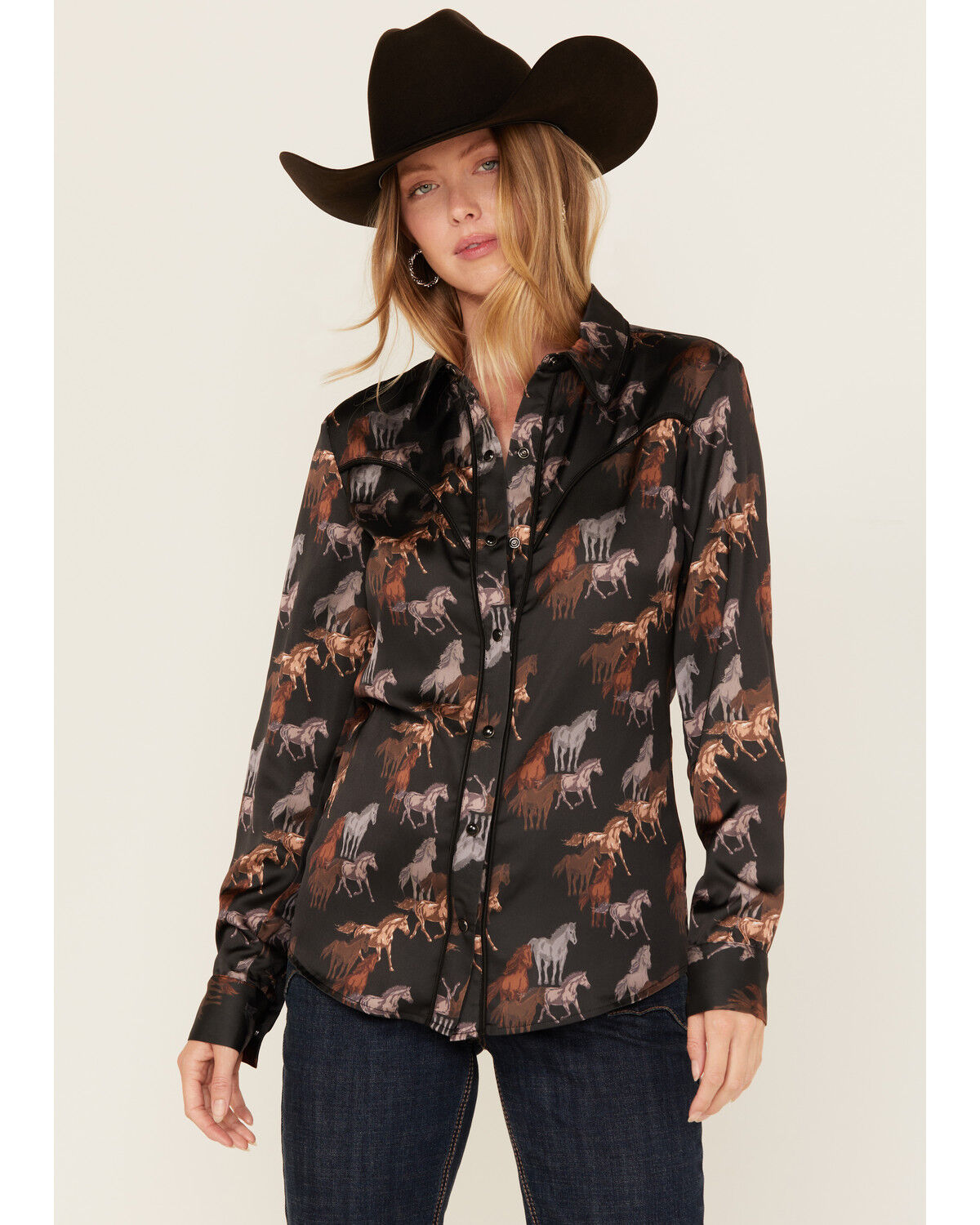 Women's Rock & Roll Denim Horse Print Fringe Long Sleeve Snap Stretch