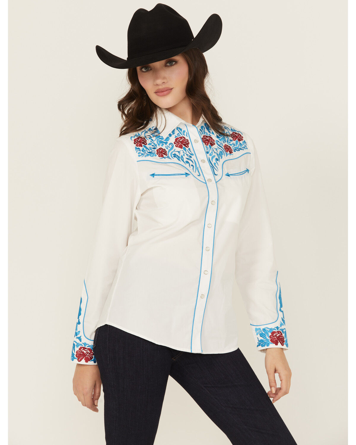 Women's Rodeo Clothing Floral Embroidered Long Sleeve Snap Stretch Wes