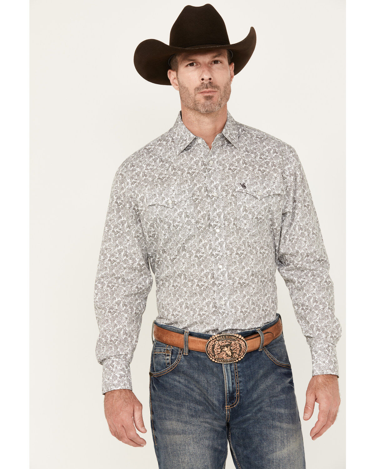 Men's Rodeo Clothing Paisley Print Long Sleeve Pearl Snap Western Shir