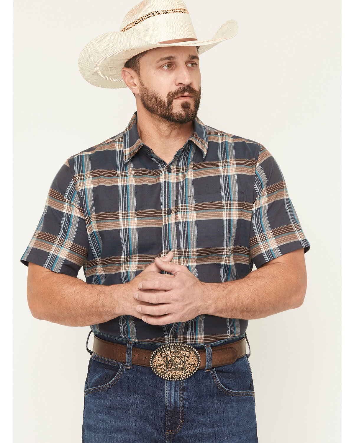 Men's Cody James High Plains Ranch Plaid Print Short Sleeve Button-Dow