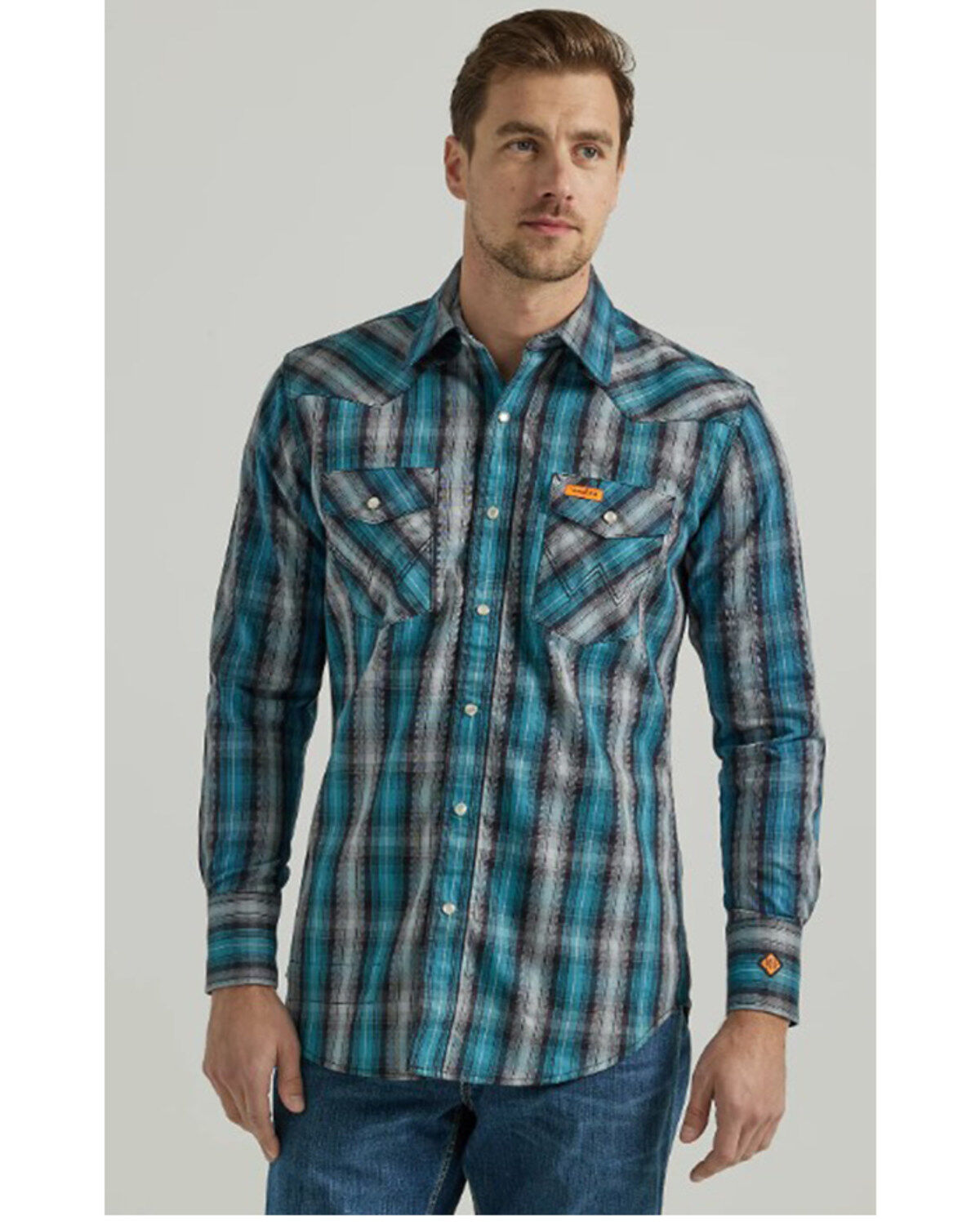 Men's Wrangler FR Plaid Print Long Sleeve Snap Work Shirt