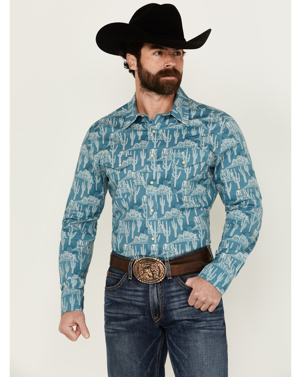 Men's Rock & Roll Denim Cactus Desert Print Long Sleeve Pearl Snap Str