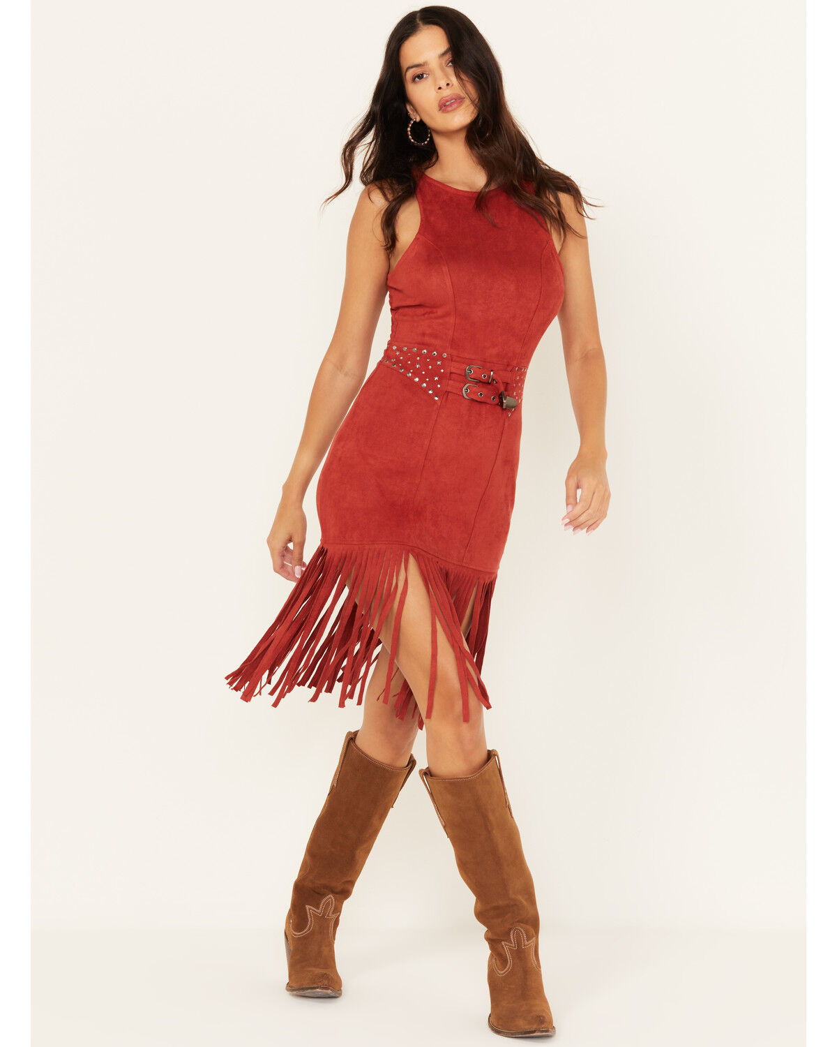 Women's Rock & Roll Denim Faux Suede Fringe Belted Mini Dress