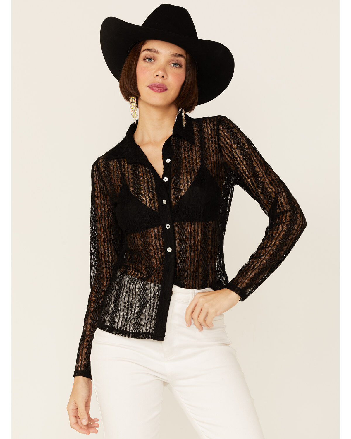 Women's Wild Moss Lace Button Front Sheer Long Sleeve Shirt