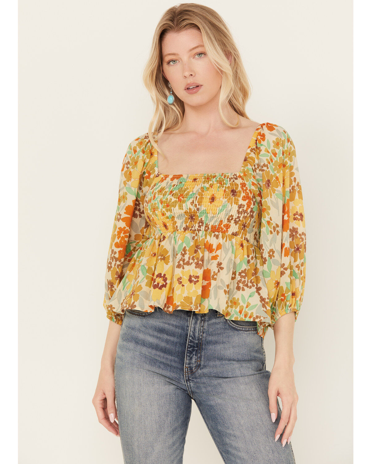 Women's By Together Sunflower Print Smocked Long Sleeve Peasant Top