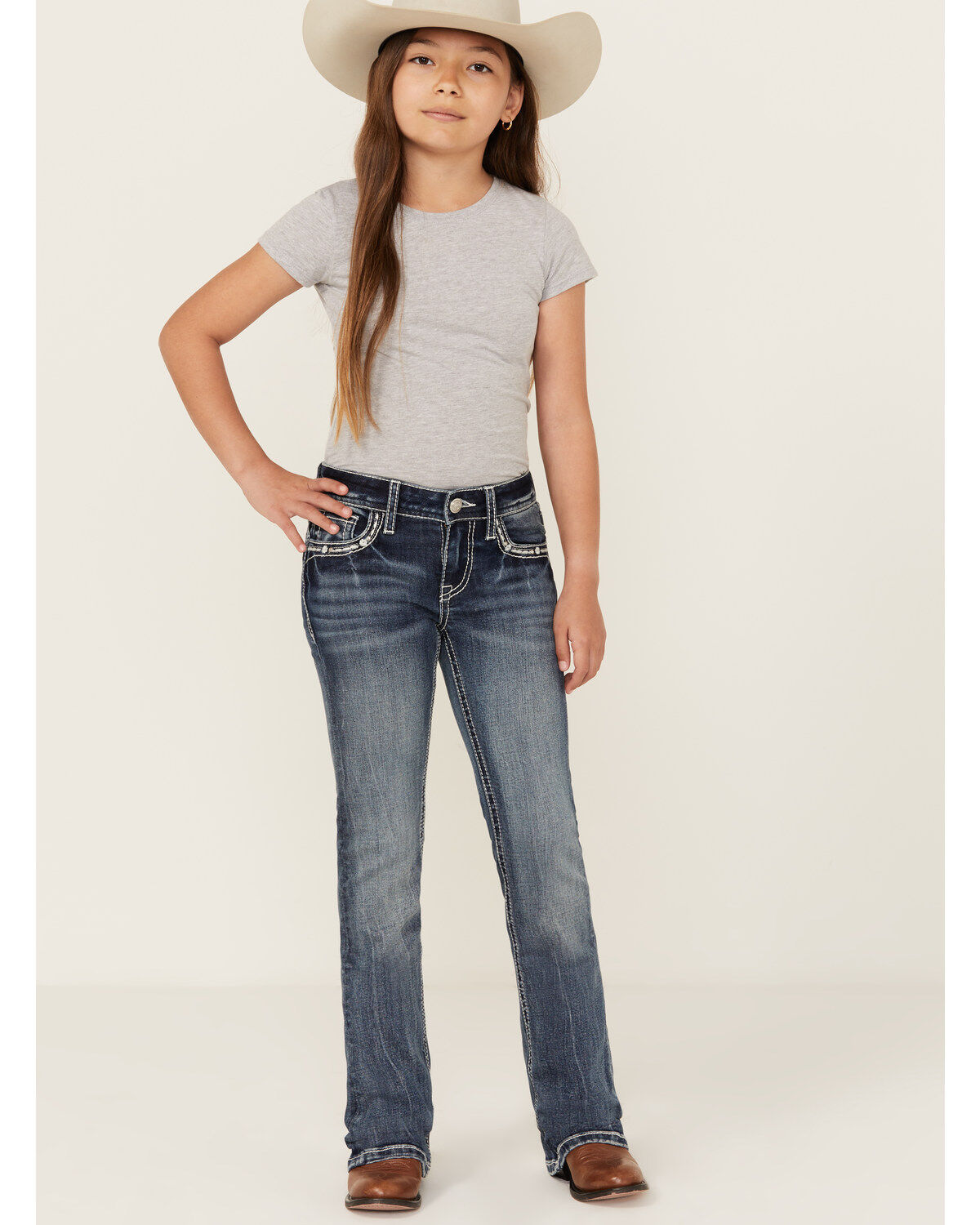 Girls' Grace in LA Medium Wash Horseshoe Pocket Bootcut Stretch Denim